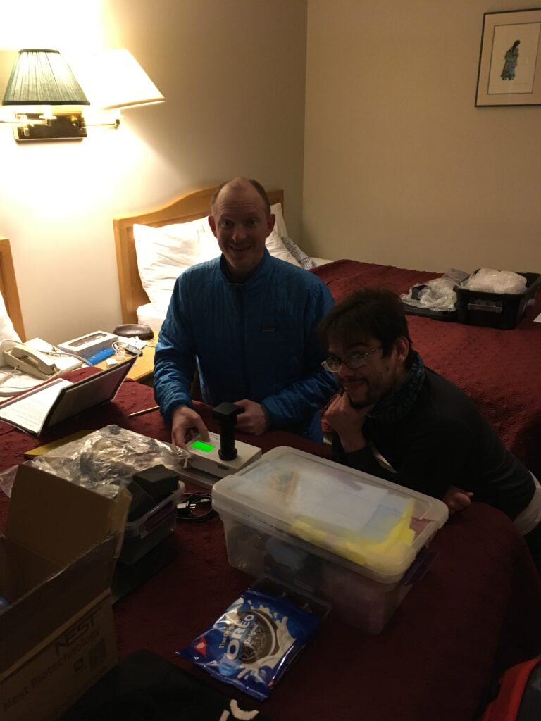 Chris Carr and Mario Toubes-Rodrigo (Open University) running ATP measurements on samples at the Cariboo Lodge (our hotel/makeshift lab) in Clinton BC.