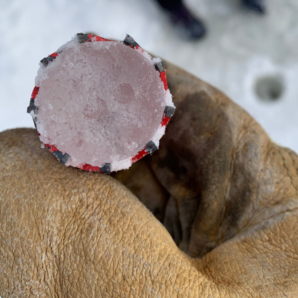 This circle of ice is one of the ice cores the team got from hypersaline lakes in British Columbia. If you look closely, you can see brine channels at the base of it (two circles that look like little bubbles). These are porous regions where solutes and biology can be transported through the ice, which is a crucial component in governing ice properties and habitability